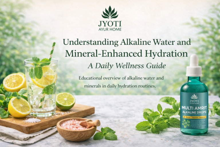 Landscape image showing lemon-infused water, fresh mint leaves, natural minerals, and alkaline drops arranged as part of a mindful hydration and balanced lifestyle routine