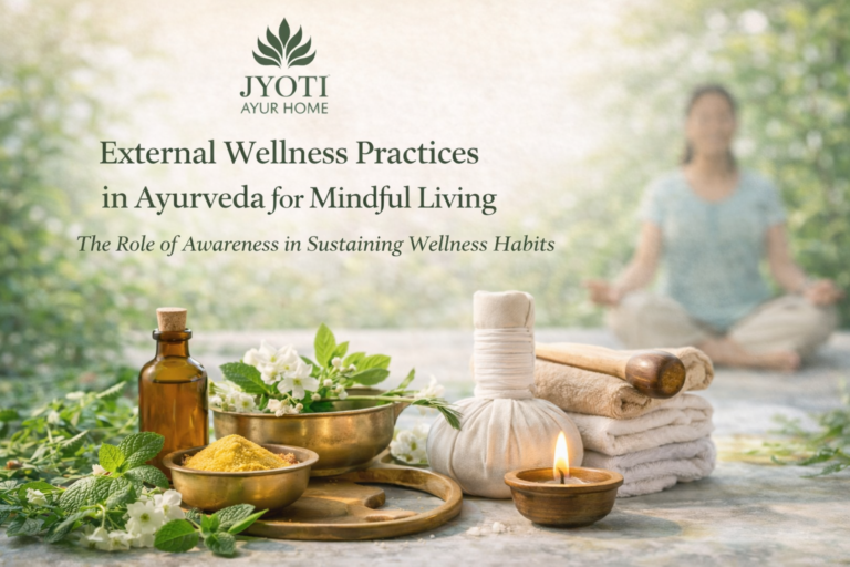Landscape image showing external Ayurvedic wellness elements such as herbal bowls, oils, self-care tools, and a calm meditative setting representing mindful living and balanced daily routines