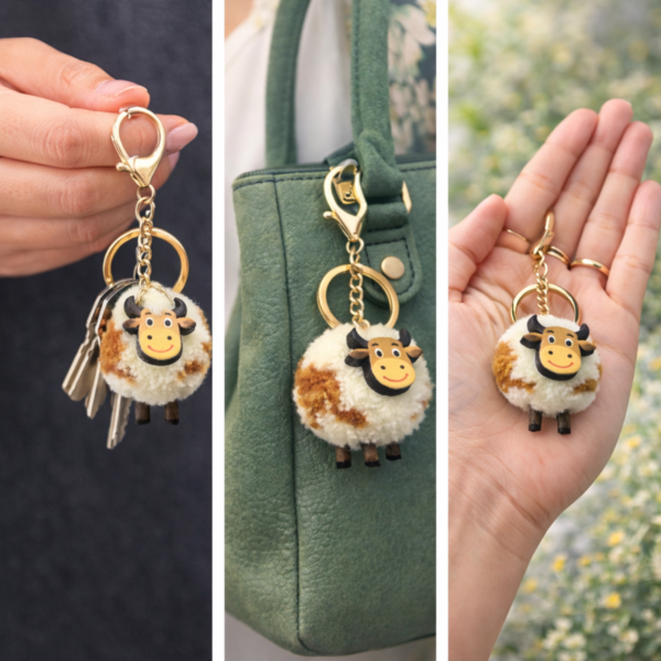Handcrafted White Brown Cow Keychain Bag Charm