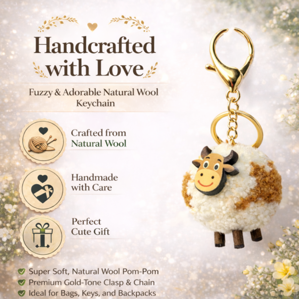 Handcrafted White Brown Cow Keychain Bag Charm
