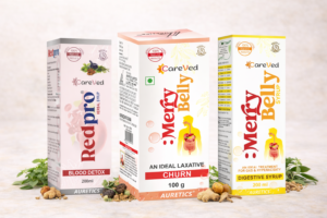 Ayurvedic digestive and detox care products including Redpro Blood Detox Syrup, Merry Belly Churan, and Merry Belly Digestive Syrup for gut health and natural cleansing.