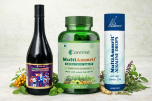 Ayurvedic immunity and daily wellness products including Multi Amrit Immunity Booster Syrup, Multi Amrit Green Veggie Tablets, and Alkaline Drops arranged with natural herbs.