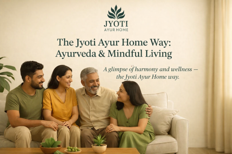 A calm family moment in a modern living room reflecting mindful living, natural harmony, and an Ayurveda-inspired lifestyle by Jyoti Ayur Home