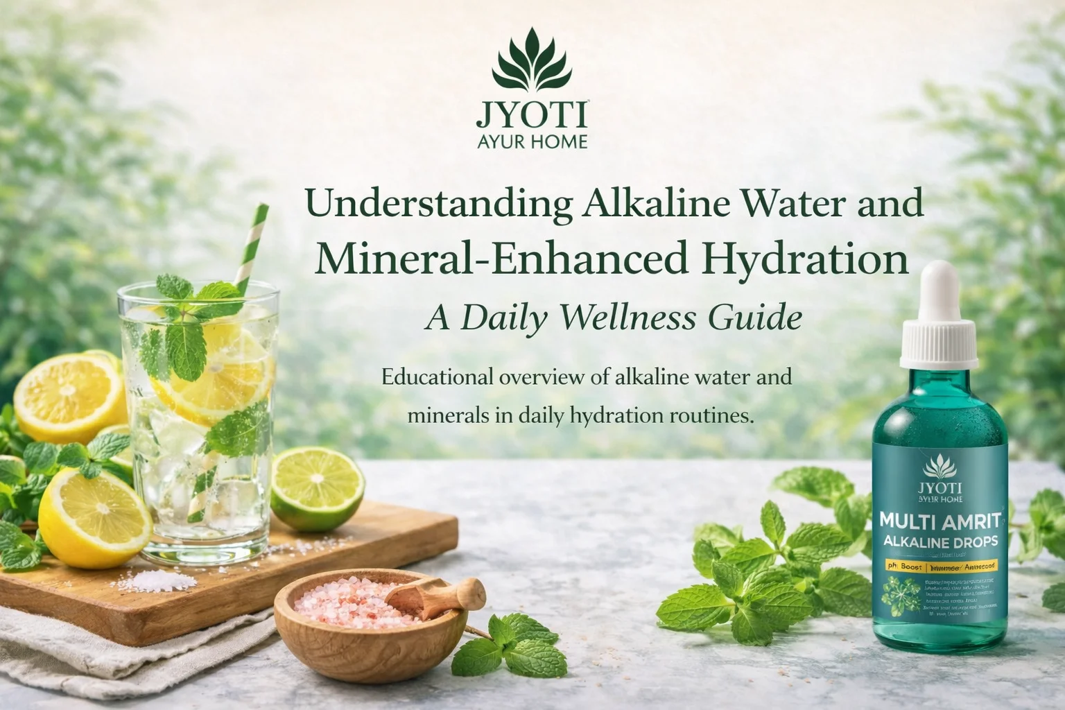 Landscape image showing lemon-infused water, fresh mint leaves, natural minerals, and alkaline drops arranged as part of a mindful hydration and balanced lifestyle routine
