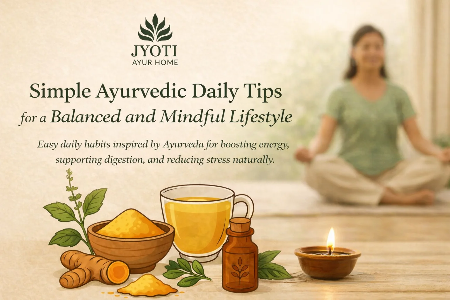 Ayurveda-inspired daily lifestyle scene highlighting balance, simplicity, and mindful living