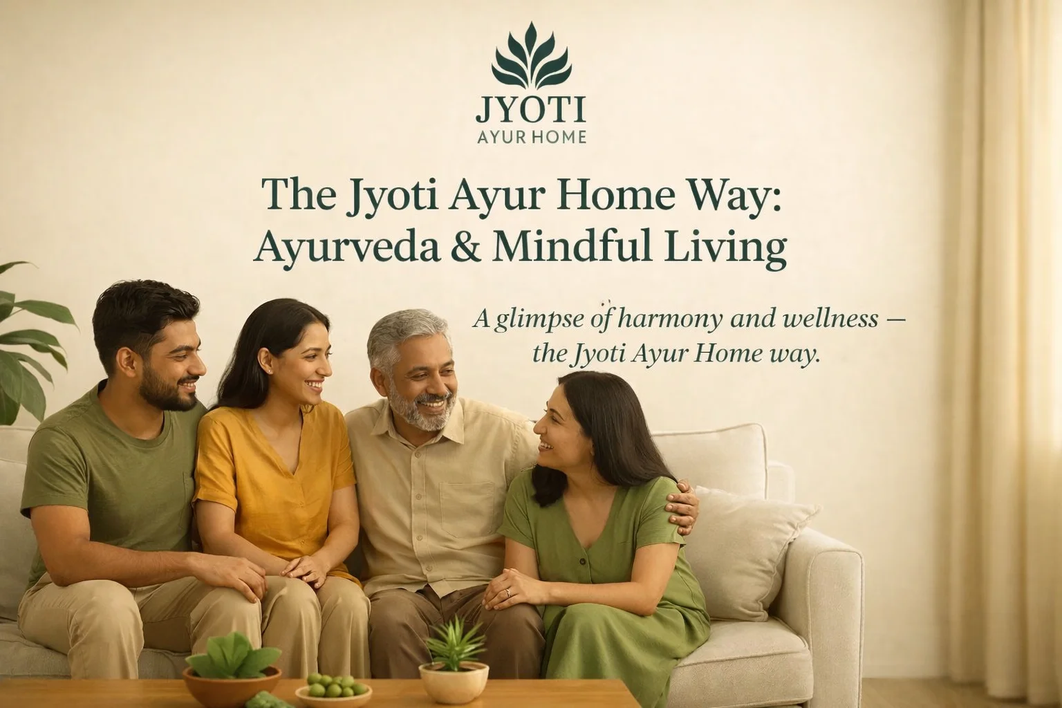 A calm family moment in a modern living room reflecting mindful living, natural harmony, and an Ayurveda-inspired lifestyle by Jyoti Ayur Home